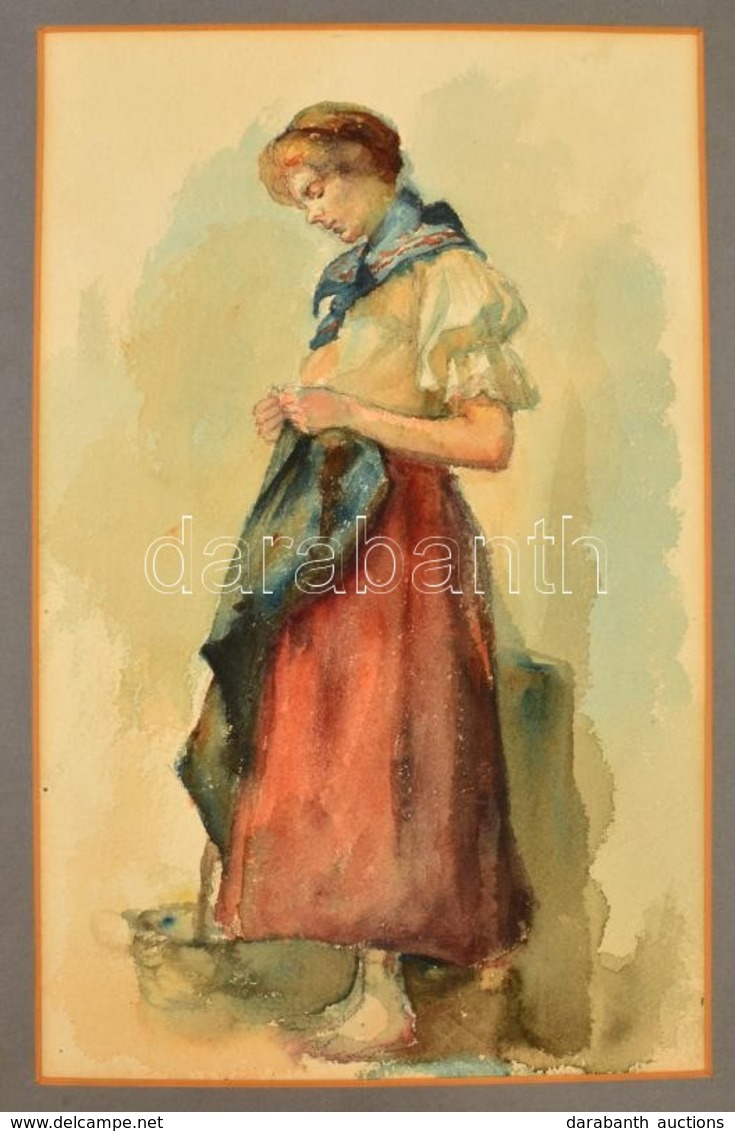 Jelzés Nélkül: Merengő Lány (cca 1900 ). Akvarell-ceruza, Papír-karton, Paszpartuban, 40×25 Cm - Altri & Non Classificati