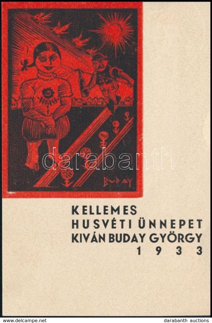 Buday György (1907-1990): Kellemes Húsvéti Ünnepeket Kíván - - 1933. Fametszet, Papír, Jelzett, 15x10 Cm - Altri & Non Classificati