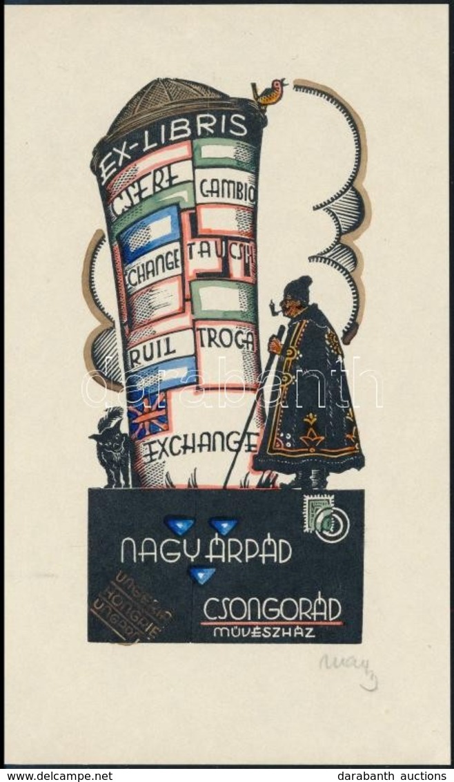 Nagy Árpád Dániel (1894-1959): Ex Libris Csongorád Művészház, Színezett Fametszett, Papír, Jelzett, 15×9 Cm - Altri & Non Classificati