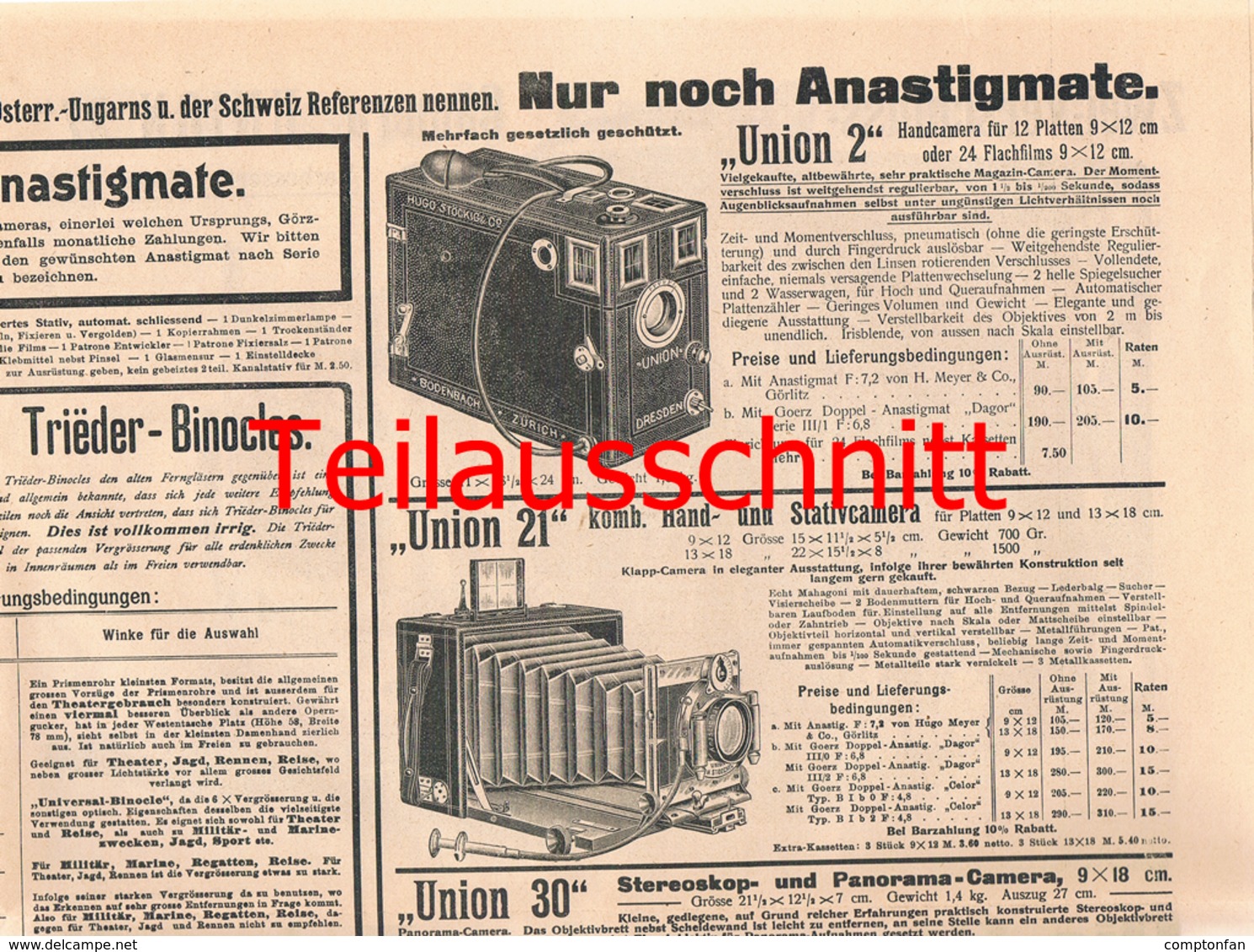 005 Fotoausrüstung Union Stöckig Dresden Ferngläser Bilder Ca. 1900 !!! - Supplies And Equipment