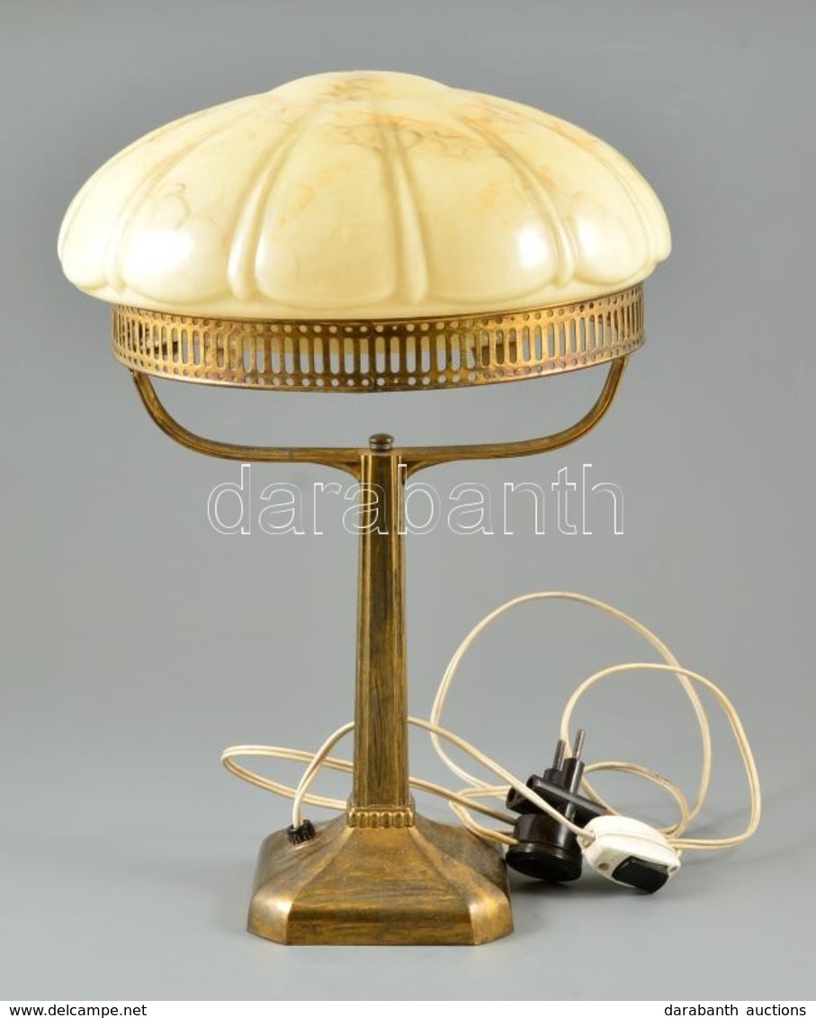 Art  Deco Réz Asztali Lámpa, üveg Burával, újrakötve, Működik, M:39 Cm - Altri & Non Classificati