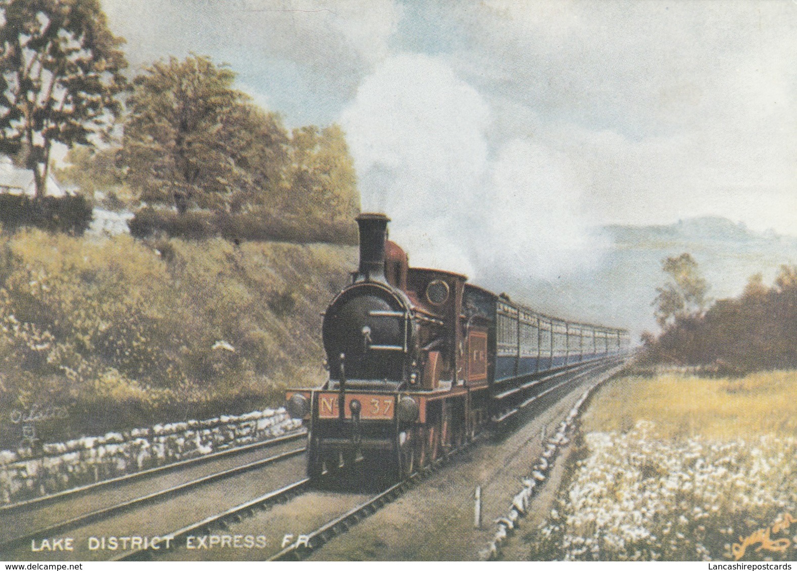 Postcard Furness Railway 4-4-0 No 37 Heads Lakes Express Art Card  Steam Locomotive Train My Ref  B23689 - Trains