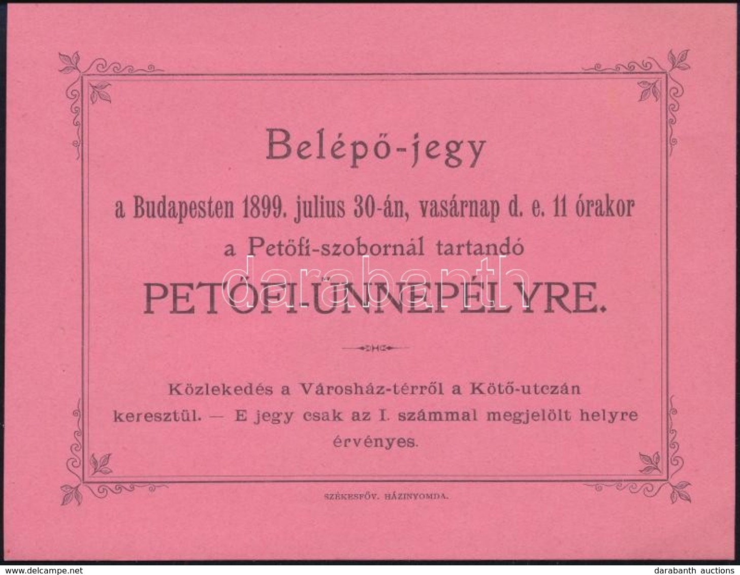 1899 Belépőjegy A Budapesti Petőfi-ünnepélyre - Ohne Zuordnung