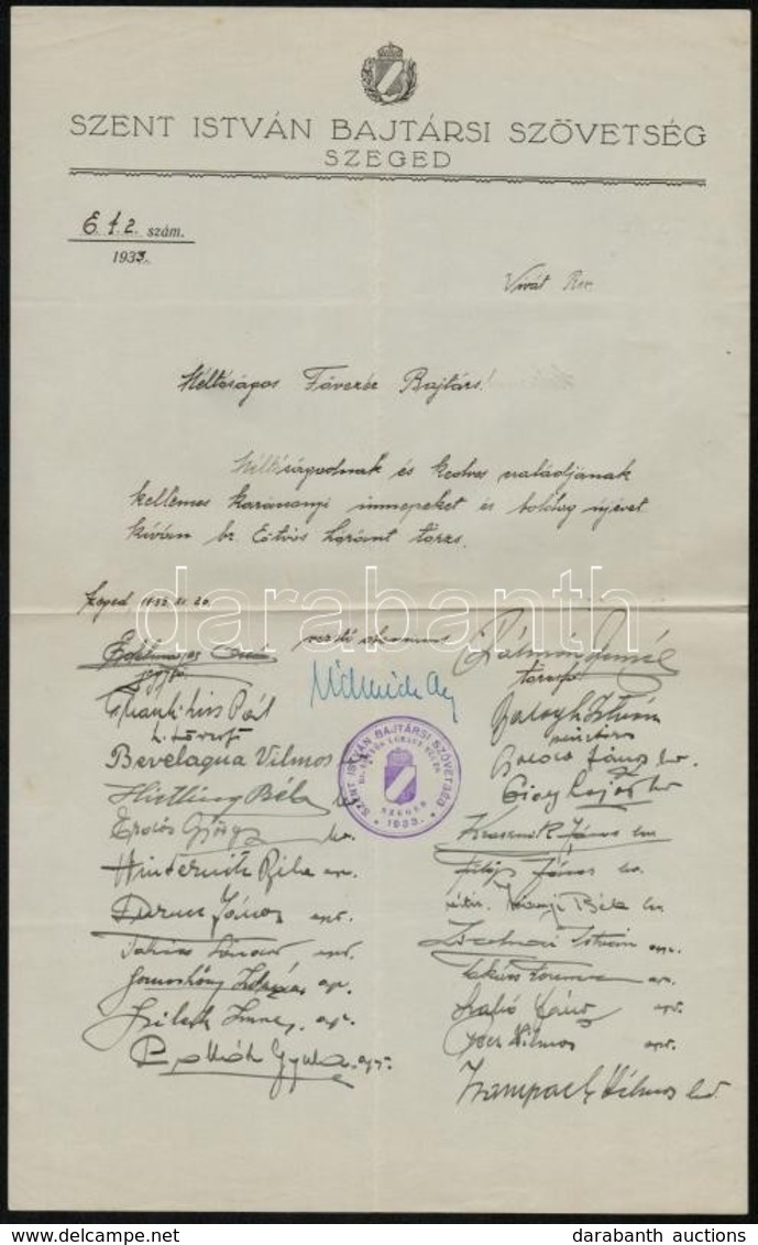 1933 Szent István Bajtársi Szövetség Szeged Fejléces Papírja Sok Aláírással - Non Classificati