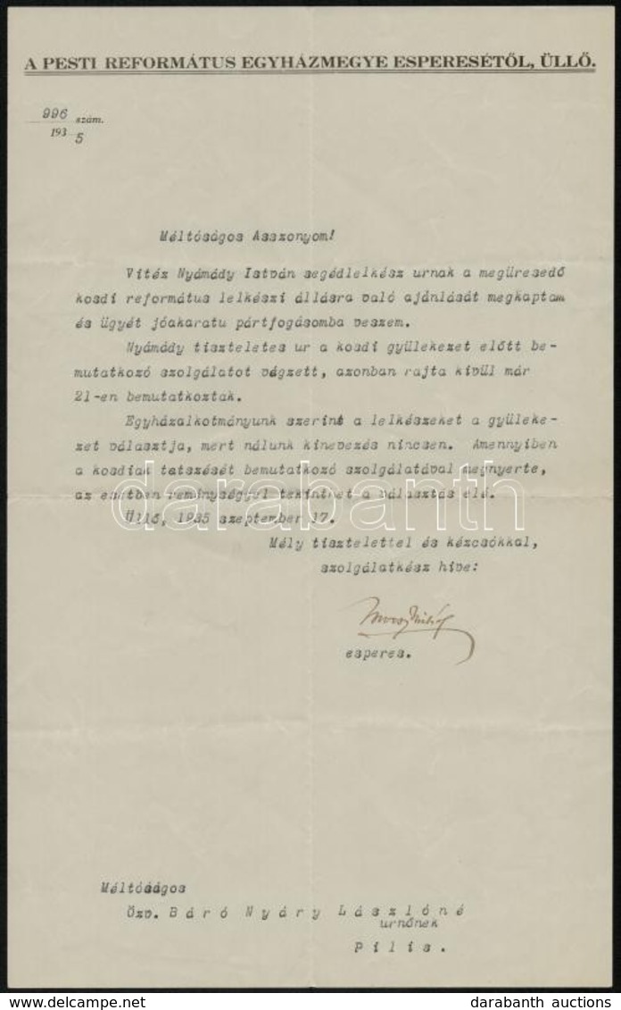 1935 Üllő, A Pesti Református Esperes Levele özvegy Báró Nyáry Lászlónéhoz A Kosdi Lelkész Választása ügyében, Gépelt, A - Non Classificati