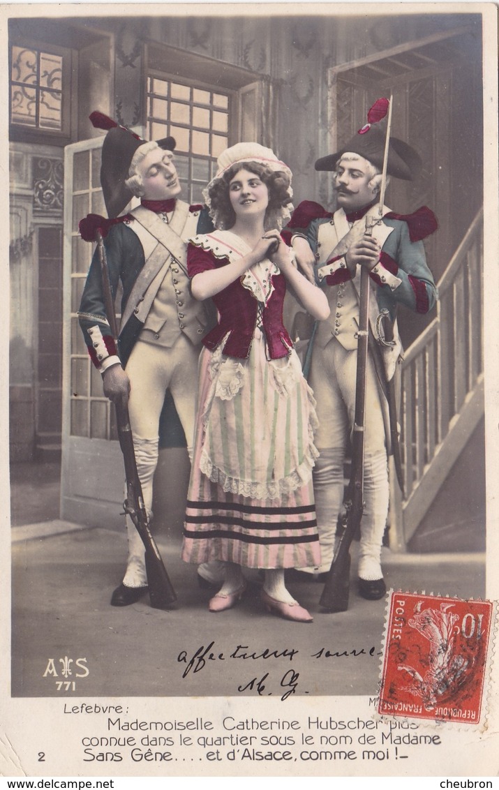 CARTE FANTAISIE. Theatre. SÉRIE COMPLÈTE DE 5 CARTES COLORISÉES NUMÉROTÉES.  "MADAME SANS GÈNE ". ANNÉE 1909 + TEXTE - Theatre