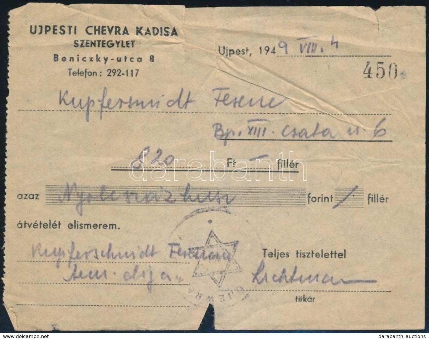 1949 Az újpesti Chevra Kadisa Igazolása 820 Ft Befizetéséről - Altri & Non Classificati