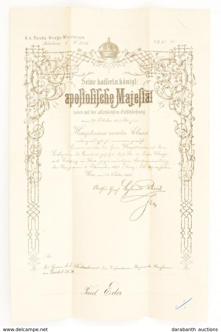 1887 Wien(Bécs), Katonai Kinevezés Százados Számára - Altri & Non Classificati