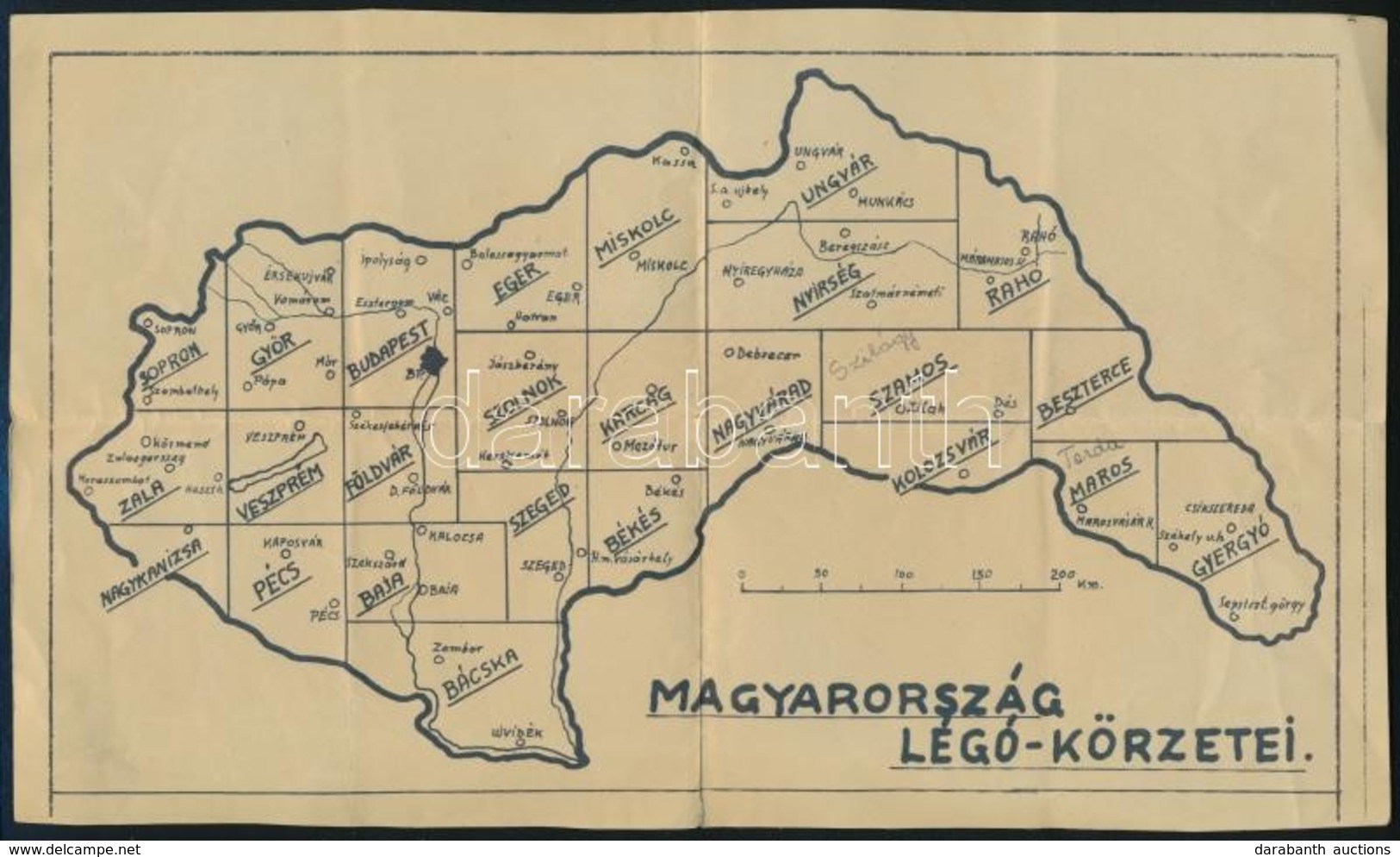 Cca 1943-1944 Magyarország Légó-körzetei, Hajtásnyommal, 17x28 Cm. - Altri & Non Classificati