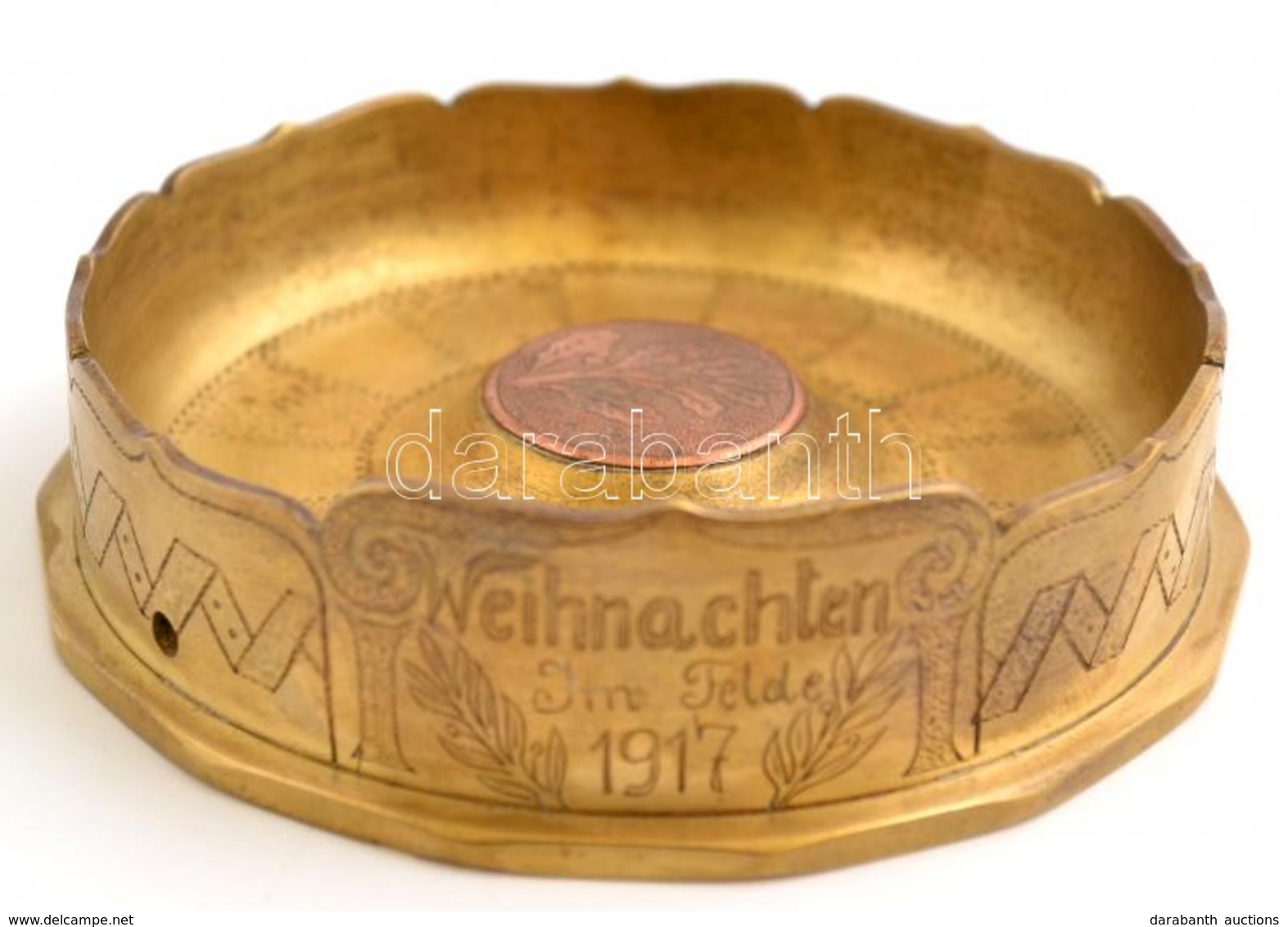 1917 ágyúhüvelyből Készült Bronz Tálka, 'Weihnachten Im Felde' Felirattal, D:11 Cm - Altri & Non Classificati