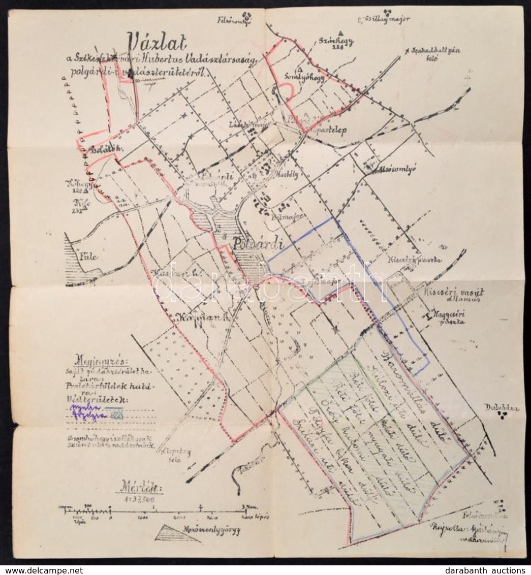 Cca 1920-1940 Székesfehérvári Hubertus Vadásztársaság Polgárdi Vadászterületének Térképvázlata, 1:37500, A Társaságra Vo - Altri & Non Classificati