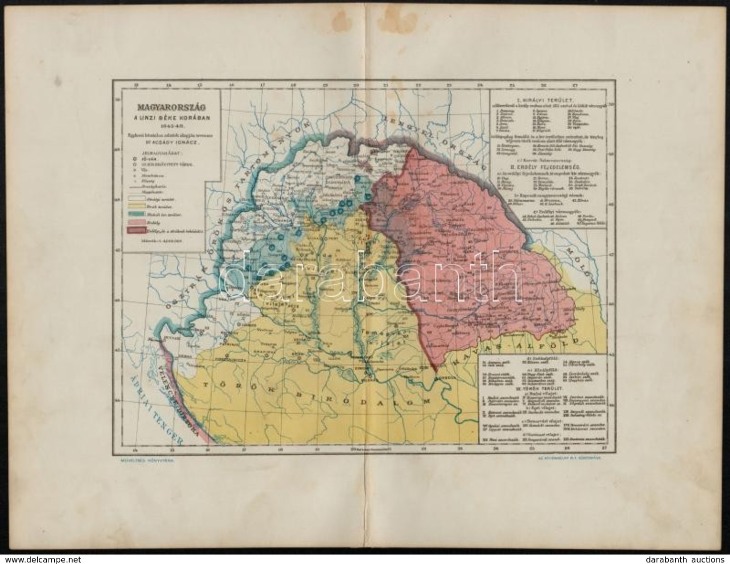 Magyarország A Linzi Béke Korában 1645-1648, Tervezte Acsády Ignác, A 'Műveltség Könyvtára' Térképmelléklete, Athenaeum  - Altri & Non Classificati