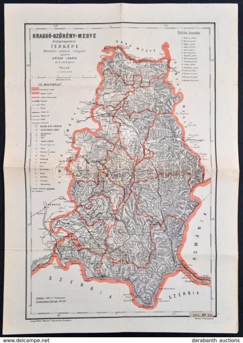 Krassó-Szörény Megye Közigazgatási Térképe, Rajzolta: Hátsek Ignác, 1:500000, Lampel R., Budapest, Hajtott, 53×37,5 Cm - Altri & Non Classificati