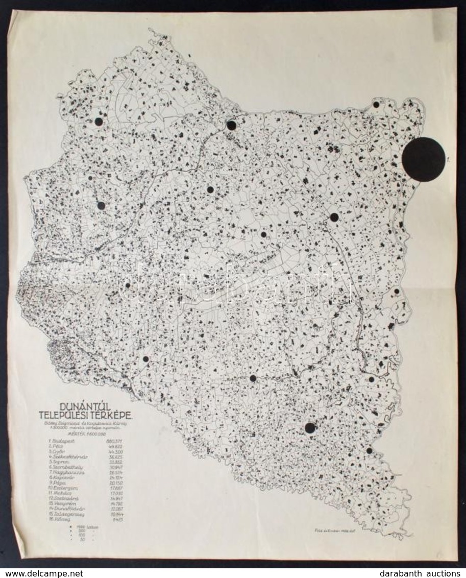 1926 A Dunántúl Települési Térképe. Bátky Zsigmond és Kogutowitz Károly Nyomán, 1:600.000, Kis Gyűrődéssel A Széleken, H - Altri & Non Classificati