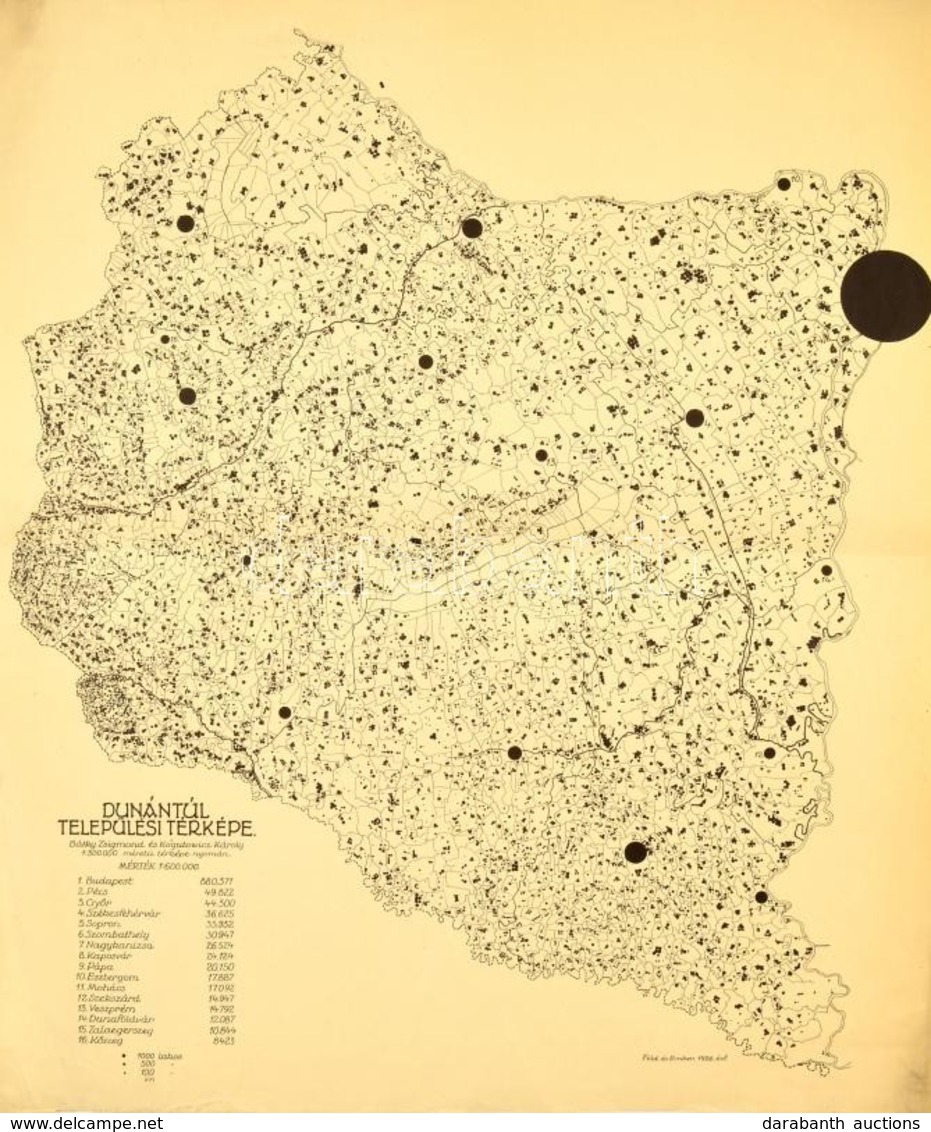 1926 A Dunántúl Települési Térképe. Bátky Zsigmond és Kogutowitz Károly Nyomán, 1:600.000, Kis Gyűrődéssel A Széleken, H - Altri & Non Classificati