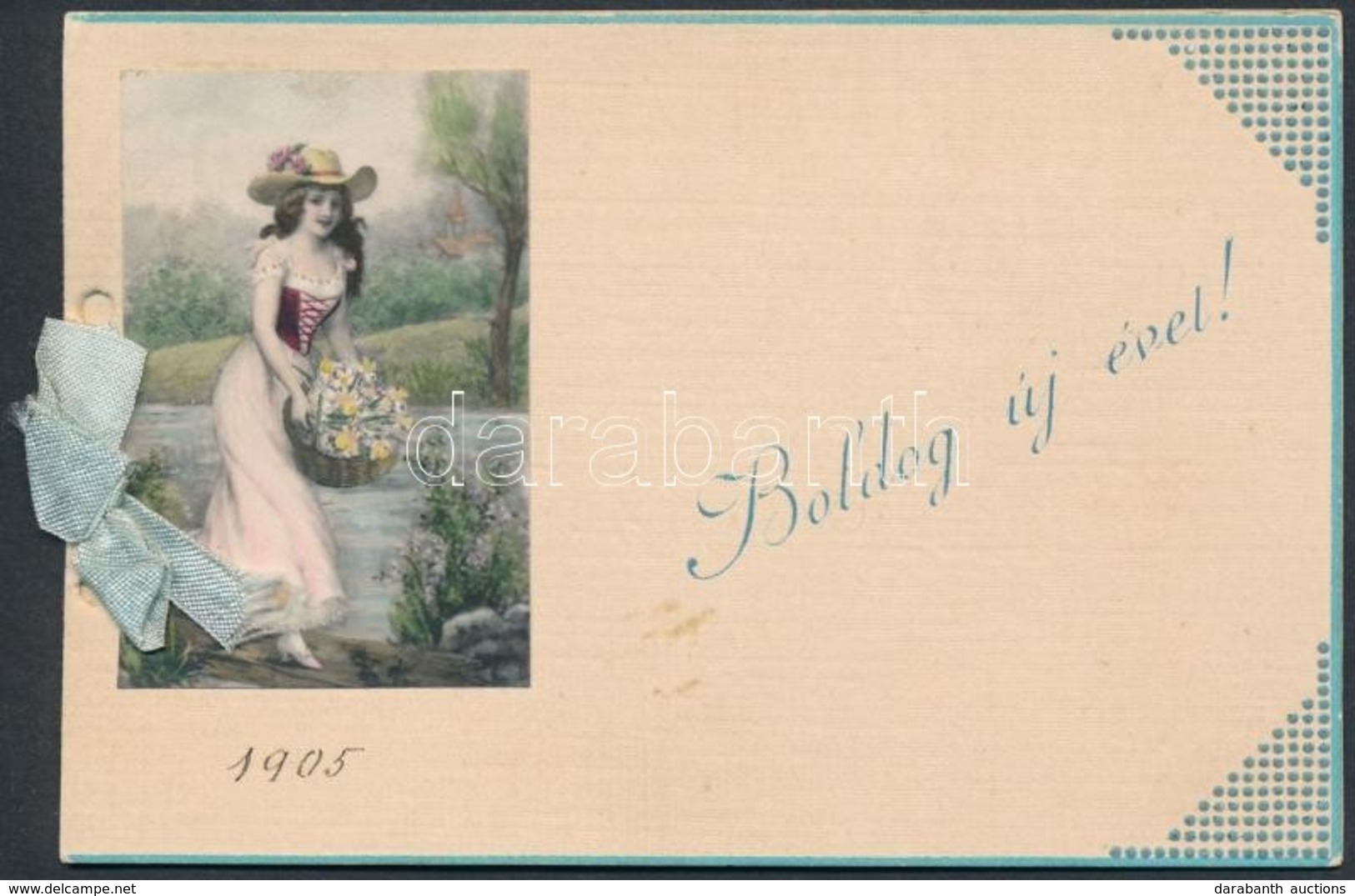 1905 Újévi üdvözlőkártya Hölgy Képével és Szalaggal  12x8 Cm - Non Classificati