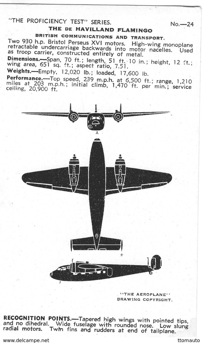 De Havilland Flamingo  -  Valentine's 'Aicraft Recognition' Carte  -  CPA - 1939-1945: 2ème Guerre