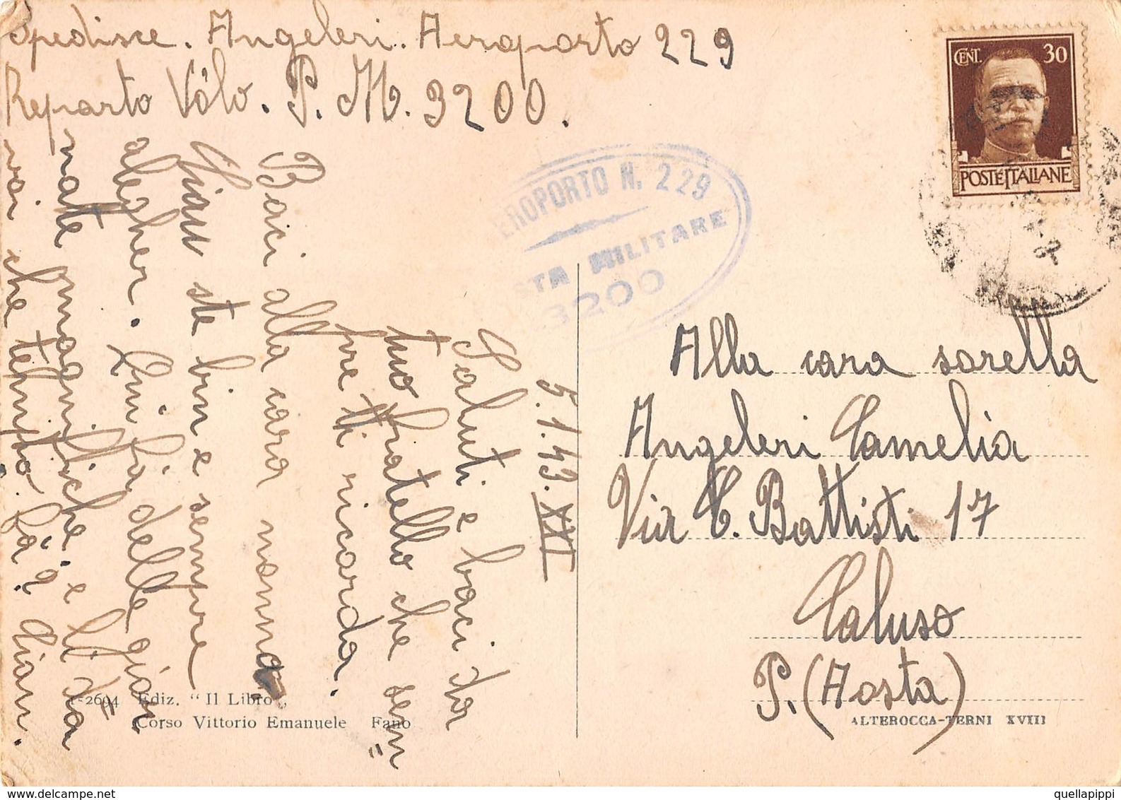 D9333 "FANO - LIDO "ANIMATA ,TIMBRO POSTALE MILITARI. CART SPED 1943 - Fano