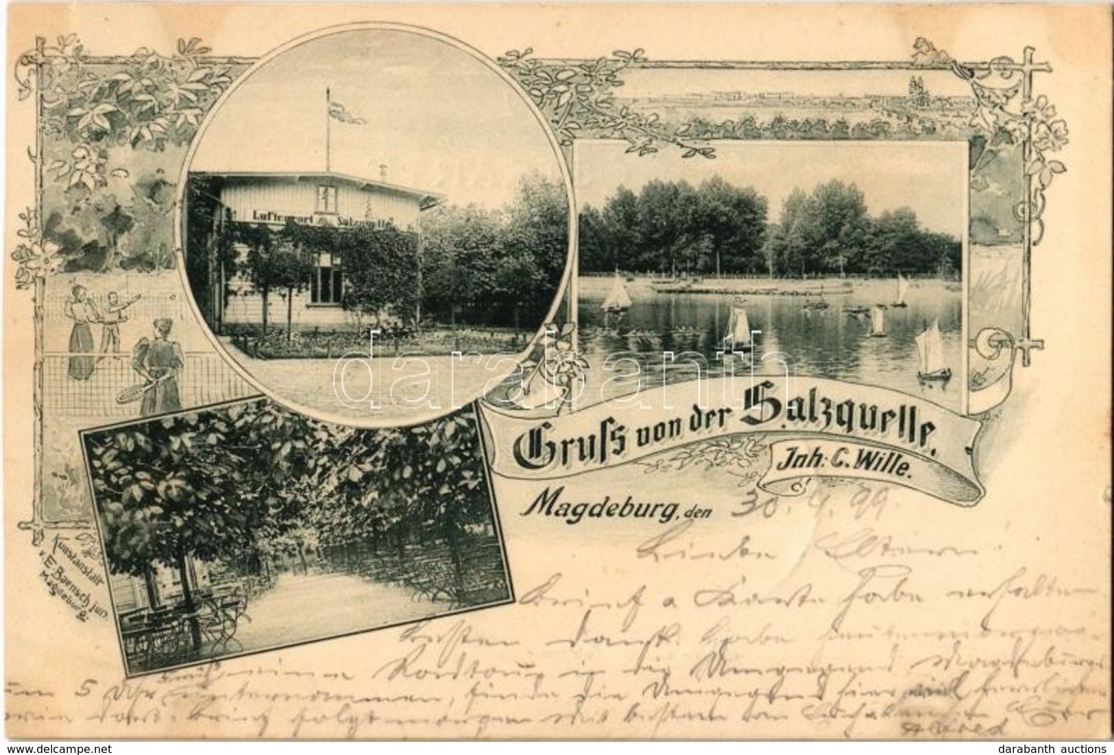 T3/T4 1899 Magdeburg, Gruss Von Der Salzquelle Inh. C. Wille, Luftcurort / Spa. Art Nouveau, Flora, Tennis (cut) - Non Classificati