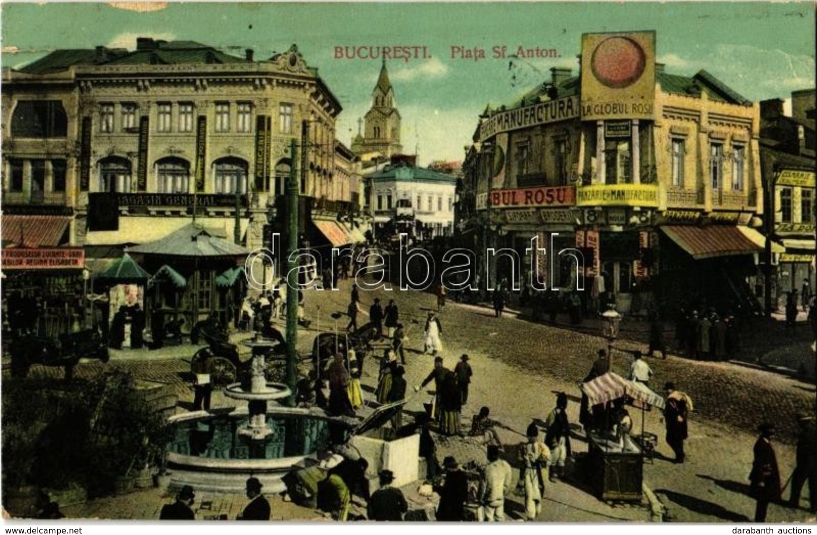 T3 1913 Bucharest, Bucuresti; Piata Sf. Anton, La Globul Rosu, Panzarie Si Manufactura / Square, Shops, Market Vendors ( - Zonder Classificatie