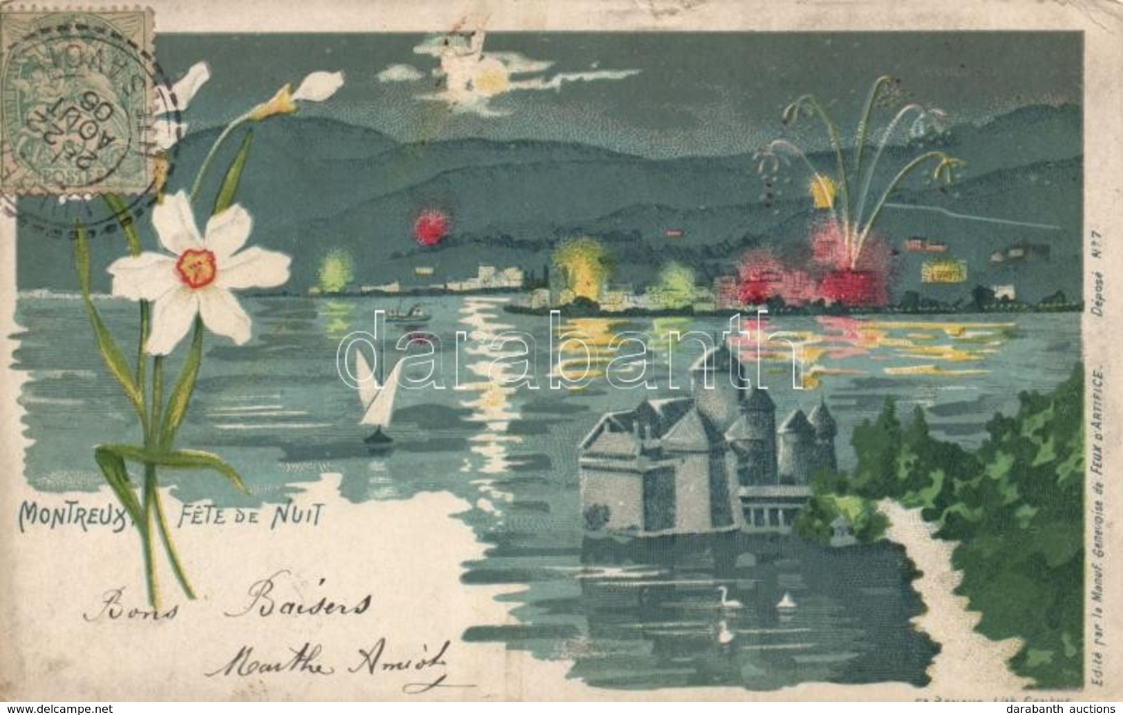 T3 Montreux, Fete De Nuit. Feux D'Artifice / Night Festival, Floral, Litho. TCV Card (small Tears) - Non Classificati