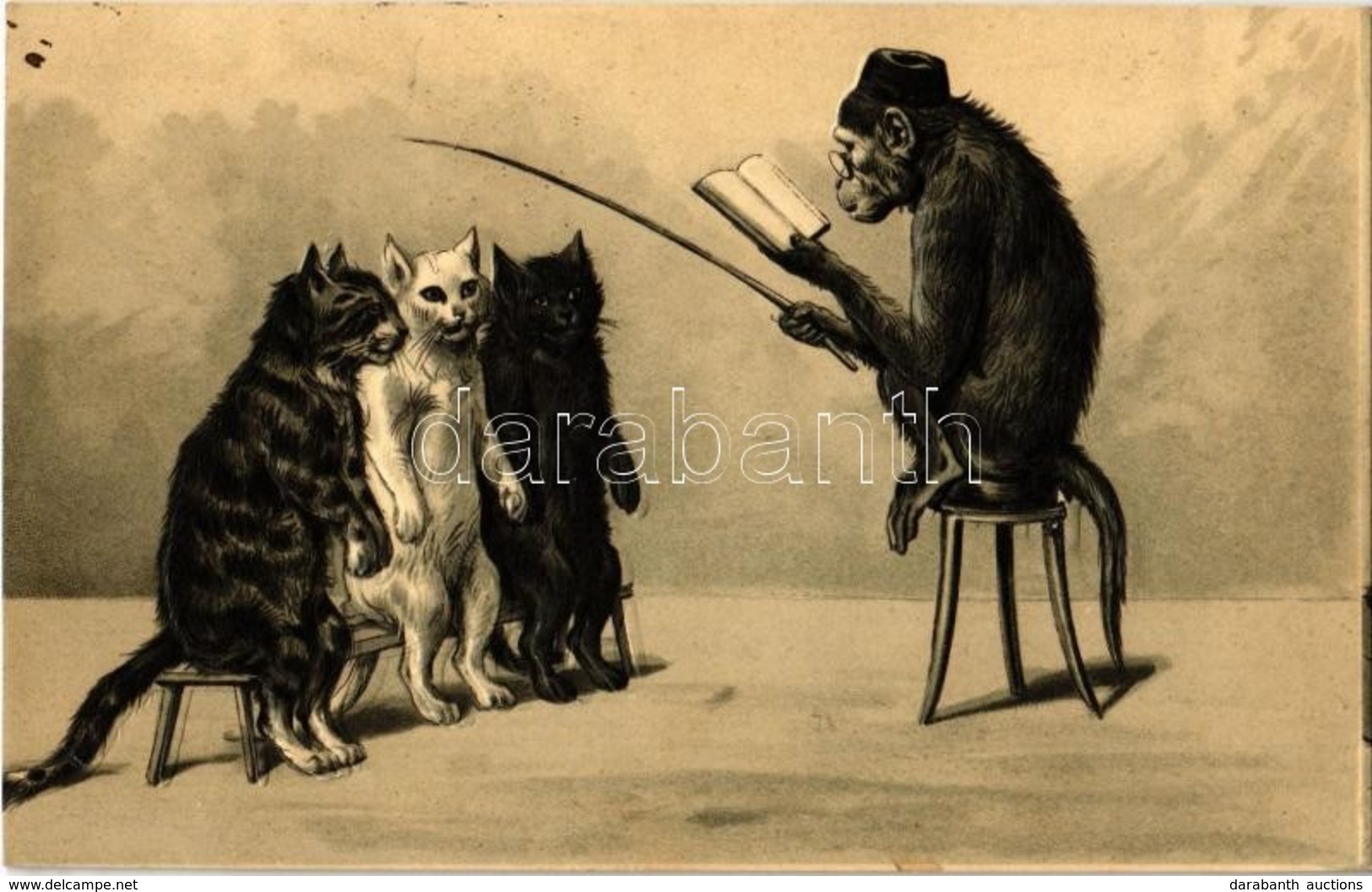 T2 1902 Monkey Reading To The Cats. Emb. Litho - Non Classificati