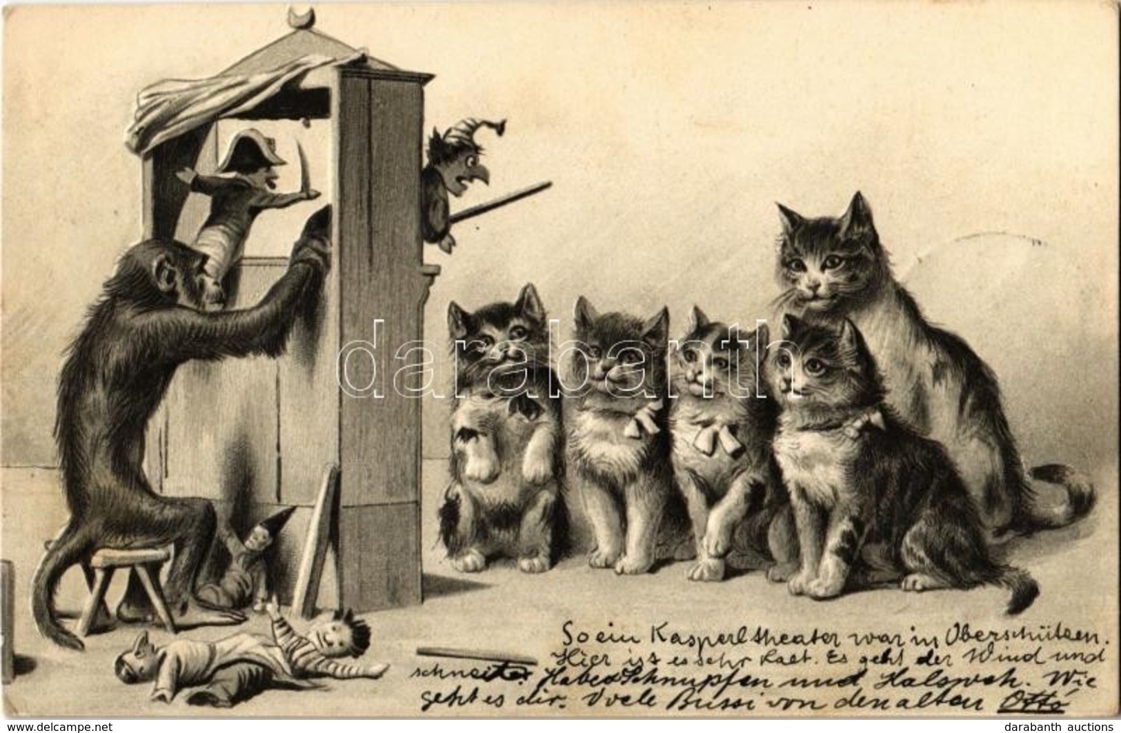 T2 1903 Cats Watching The Monkey's Puppet Show. Emb. Litho - Non Classificati