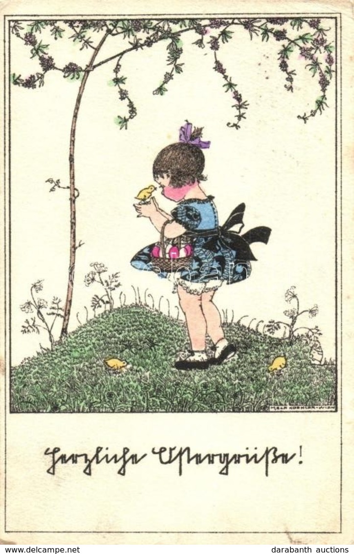 T2/T3 Herzliche Osterngrüße! / Kellemes Húsvéti Ünnepeket! / Easter Greeting Art Postcard, Girl With Chicks. Deutscher S - Non Classificati