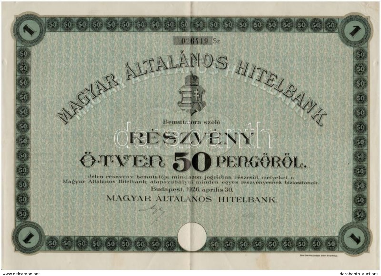 Budapest 1926. 'Magyar Általános Hitelbank' Részvénye 50P-ről, Szárazpecséttel T:III - Non Classificati