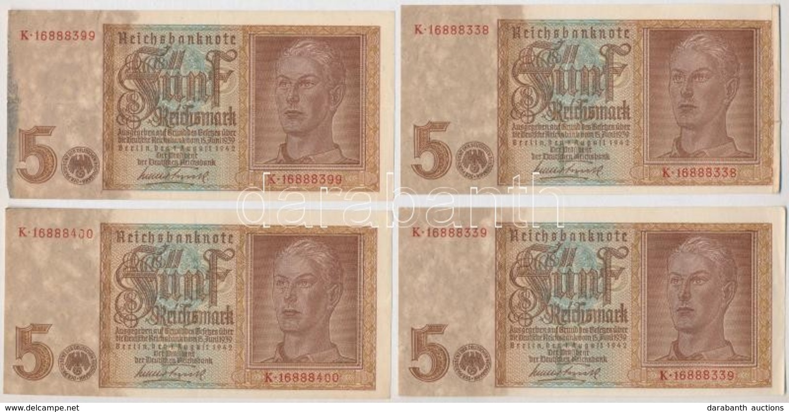 Német Harmadik Birodalom 1942. 5M (4x) 2x2 Sorszámkövető Pár T:II,III
German Third Reich 1942. 5 Mark (4x) 2x2 Sequentia - Non Classificati