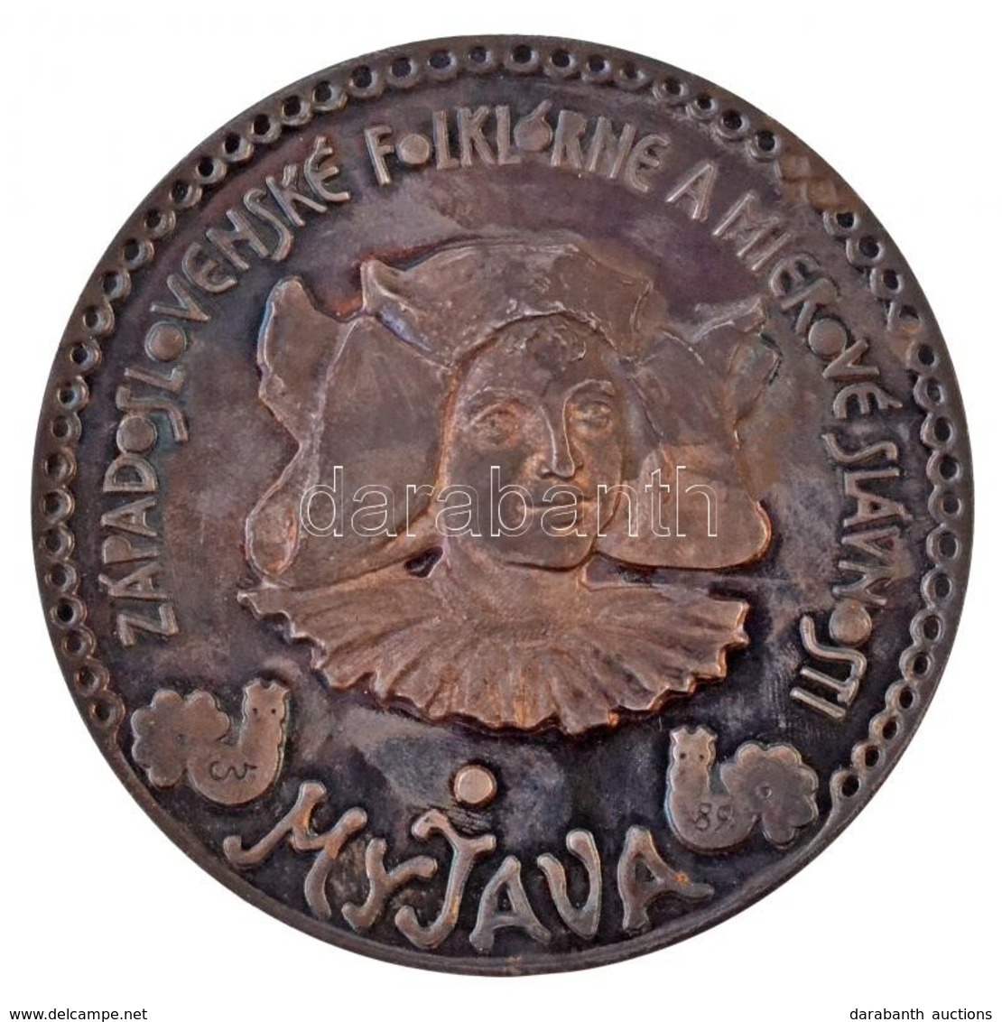 1989? 'Myjavai Folklór Fesztivál' Peremén Jelzett Ag Emlékérem (158g/70mm) T:2 (eredetileg PP) Patina
1989? 'Myjava Folk - Non Classificati