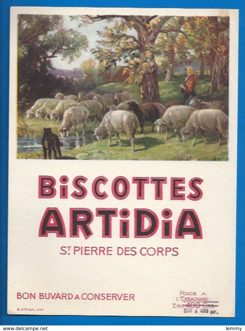 37 - SAINT-PIERRE-DES-CORPS - BUVARD - BISCOTTES ARTIDIA - LA BERGÈRE ET SES MOUTONS - Biscottes