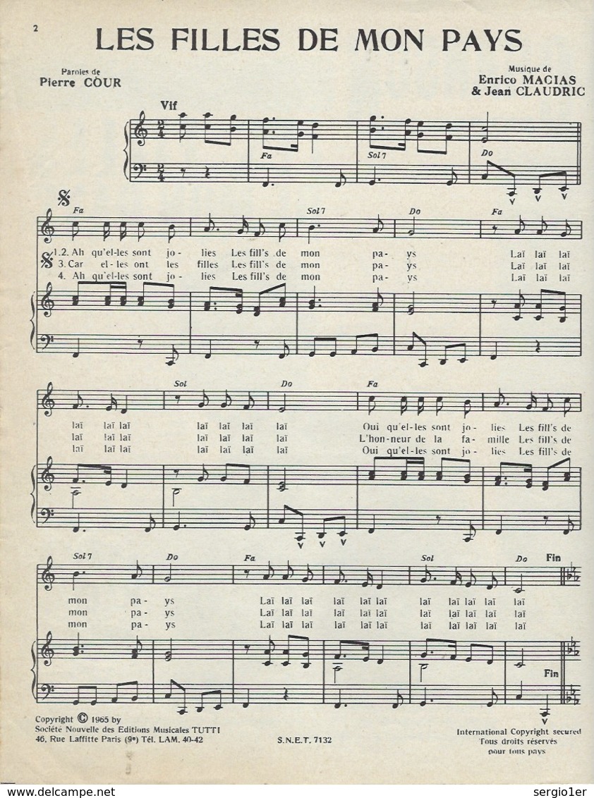 Partition Ancienne  Chanson Selection Les Filles De Mon Pays Enrico Macias    éditions Tutti  1965 - Partitions Musicales Anciennes