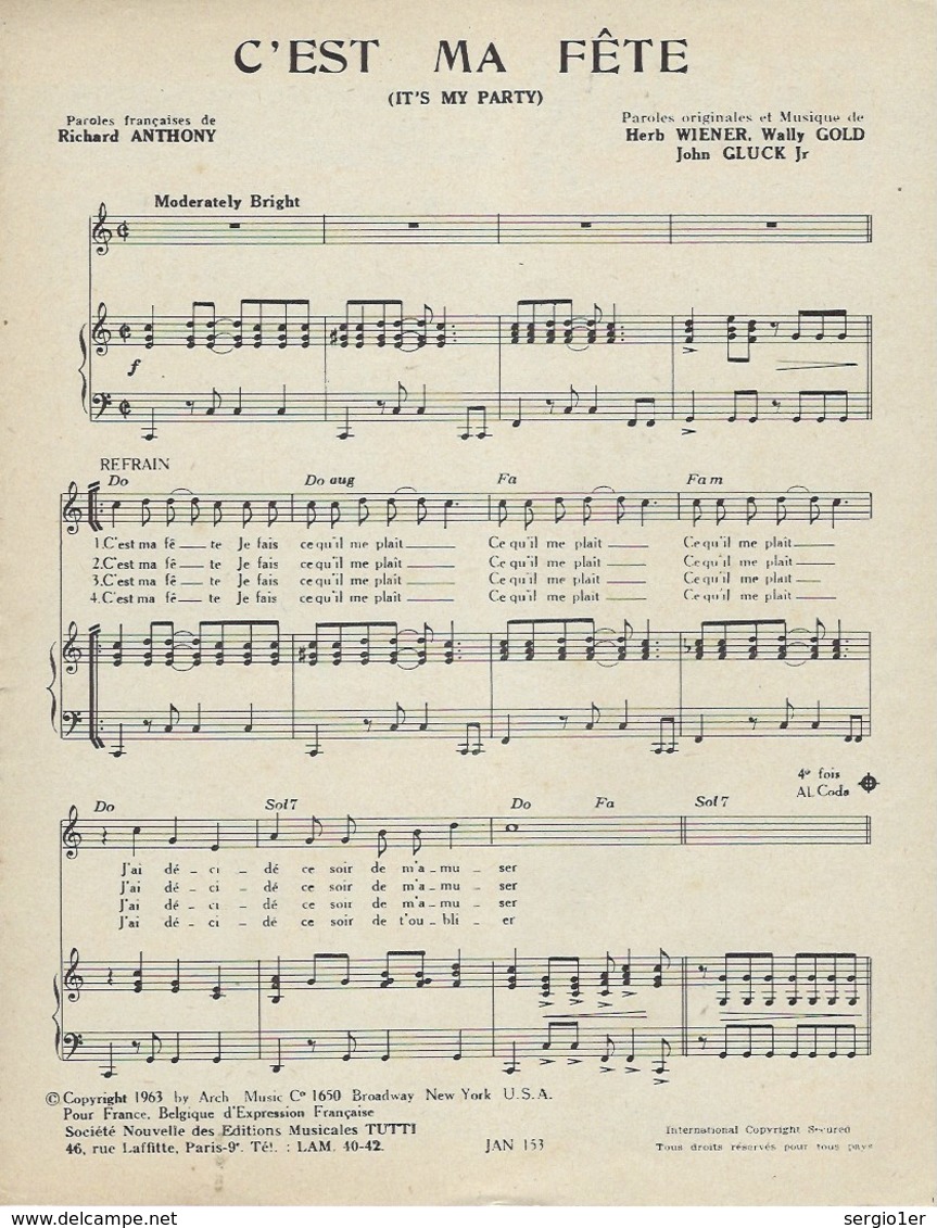 Partition Ancienne   Chanson Selection C'est Ma Fête Richard Anthony  éditions Tutti  1963 - Noten & Partituren