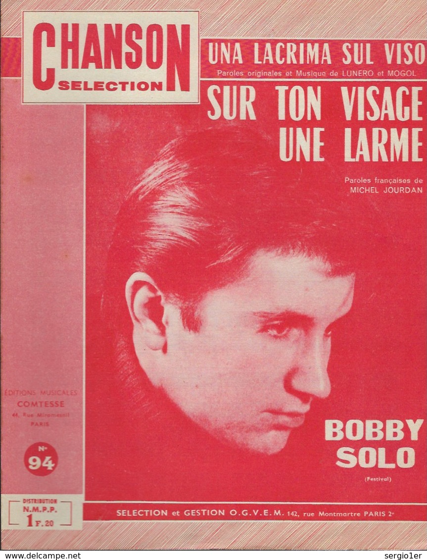 Partition Ancienne  Chanson Selection Sur Ton Visage Une Larme Bobby Solo   éditions Contesse 1964 - Partitions Musicales Anciennes