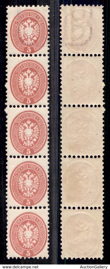 Antichi Stati Italiani - Lombardo Veneto - 1864 - Striscia Di Cinque Del 5 Soldi (43) - Primo Esemplare Con Frammento Di - Otros & Sin Clasificación