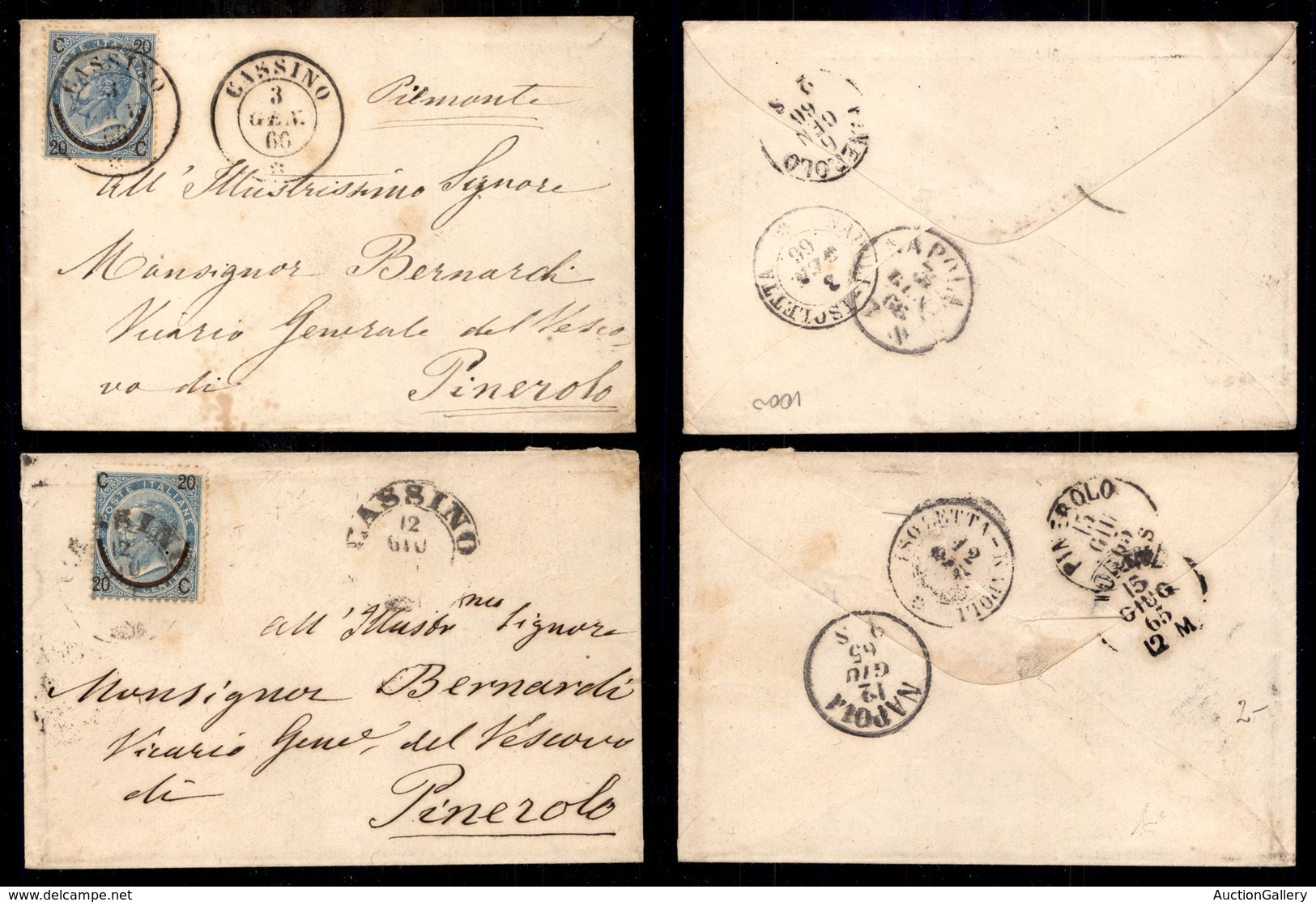 Antichi Stati Italiani - Napoli - 1865/1866 - Cassino (P.ti 1 - P.ti 6) - 20 Cent Su 15 (23 - Regno) - Due Buste Per Pin - Altri & Non Classificati