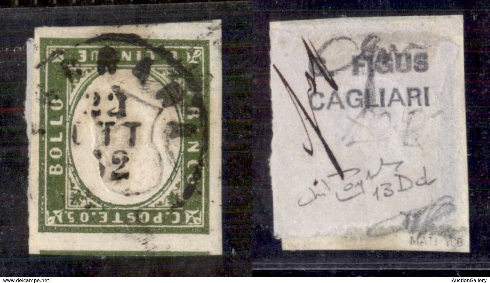 Antichi Stati Italiani - Sardegna - 1862 - 5 Cent Verde Bronzo (13Dd) - Usato Su Frammento (1000) - Altri & Non Classificati