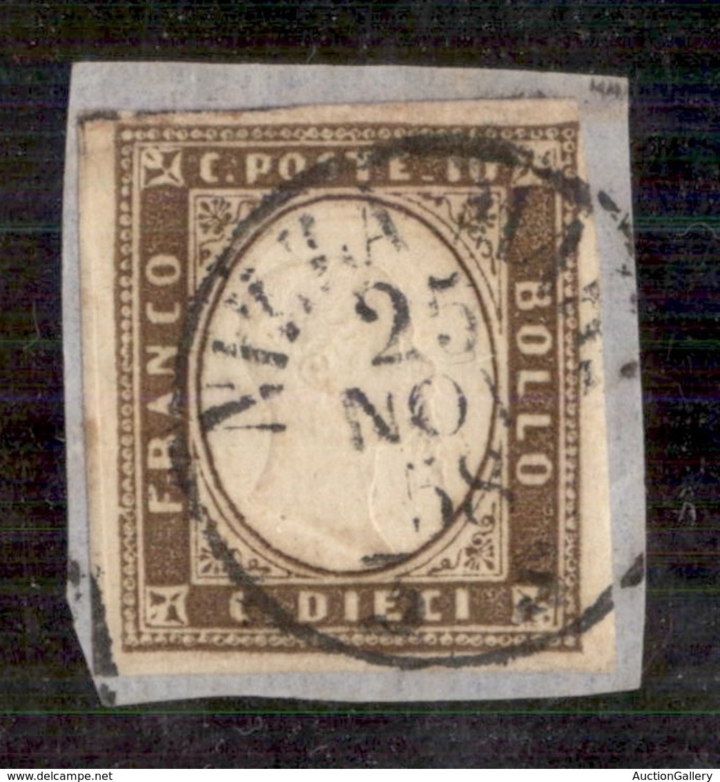Antichi Stati Italiani - Sardegna - 1858 - 10 Cent (14a - Terra D'ombra Chiaro) - Usato Su Frammento - Cert. Raybaudi (1 - Altri & Non Classificati