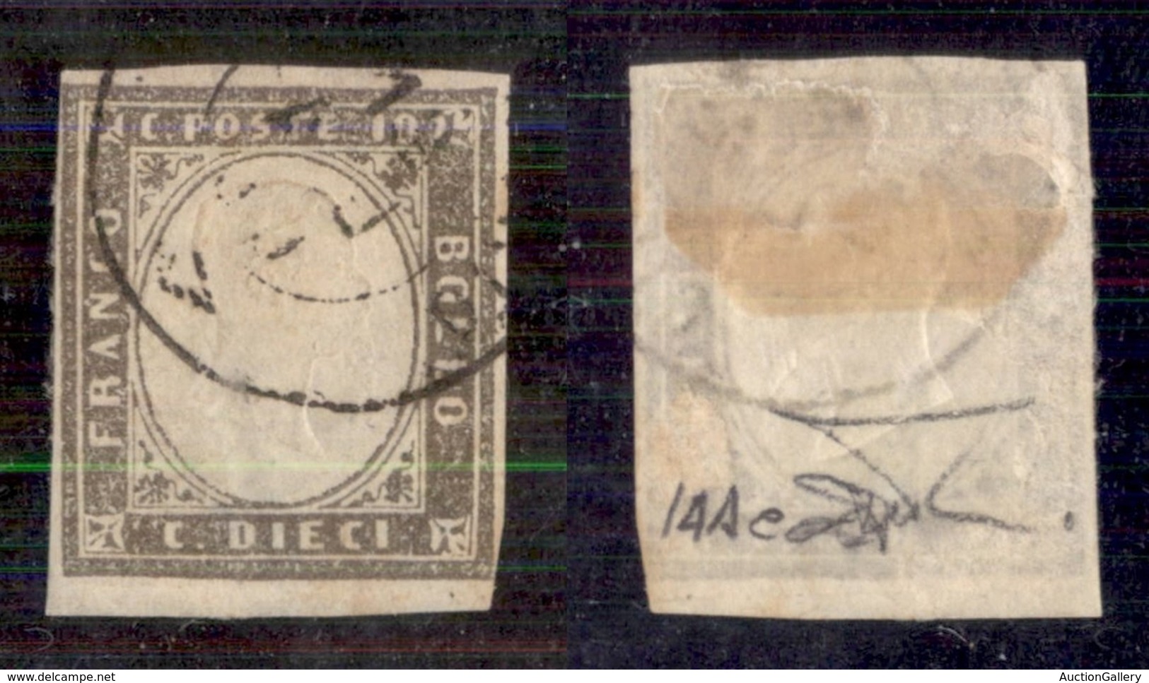Antichi Stati Italiani - Sardegna - 1859 - 10 Cent (14Ae - Grigio Brunastro/seppia Grigio) - Usato - Cert. Bottacchi (11 - Altri & Non Classificati