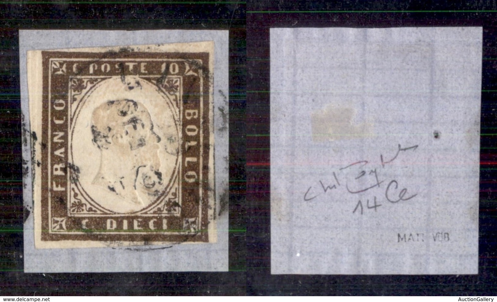 Antichi Stati Italiani - Sardegna - 1861 - 10 Cent (14Ce - Bruno Cioccolato Scuro) Usato Su Frammento - Raybaudi (850) - Altri & Non Classificati