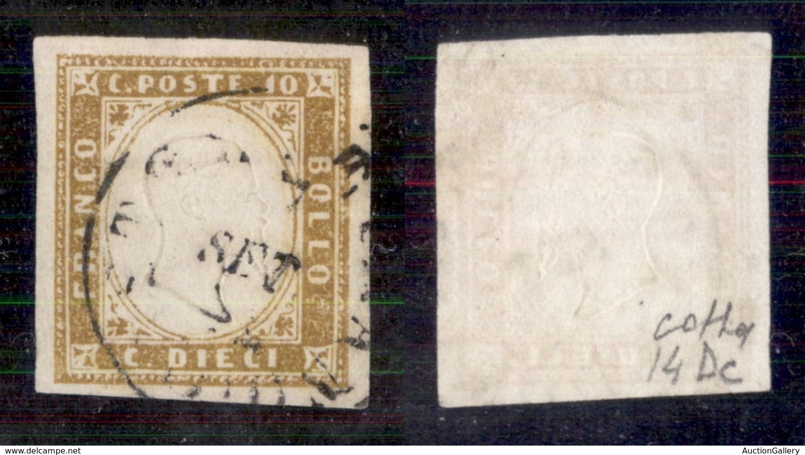 Antichi Stati Italiani - Sardegna - 1862 - 10 Cent (14Dc - Giallo Olivastro) - Usato - Cert Colla (3250) - Other & Unclassified