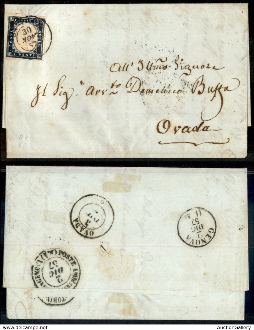 Antichi Stati Italiani - Sardegna - 20 Cent (15Ac) Su Lettera Da Sassari A Ovada Del 30.11.57 (240) - Other & Unclassified