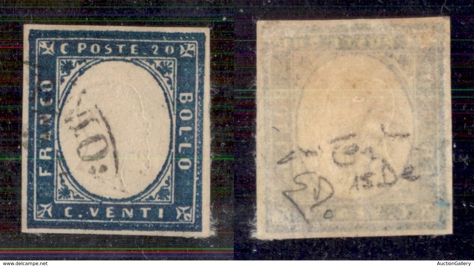 Antichi Stati Italiani - Sardegna - 1861 - 20 Cent (15De - Cobalto) - Usato - Colore Raro - Cert Diena + Raybaudi (4000) - Altri & Non Classificati