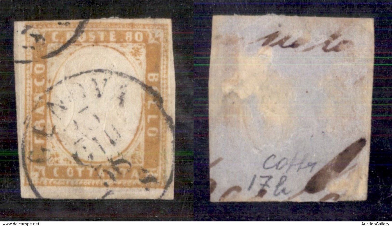 Antichi Stati Italiani - Sardegna - 1858 - 80 Cent (17b - Ocra Arancio) - Usato - Colla (1000) - Altri & Non Classificati