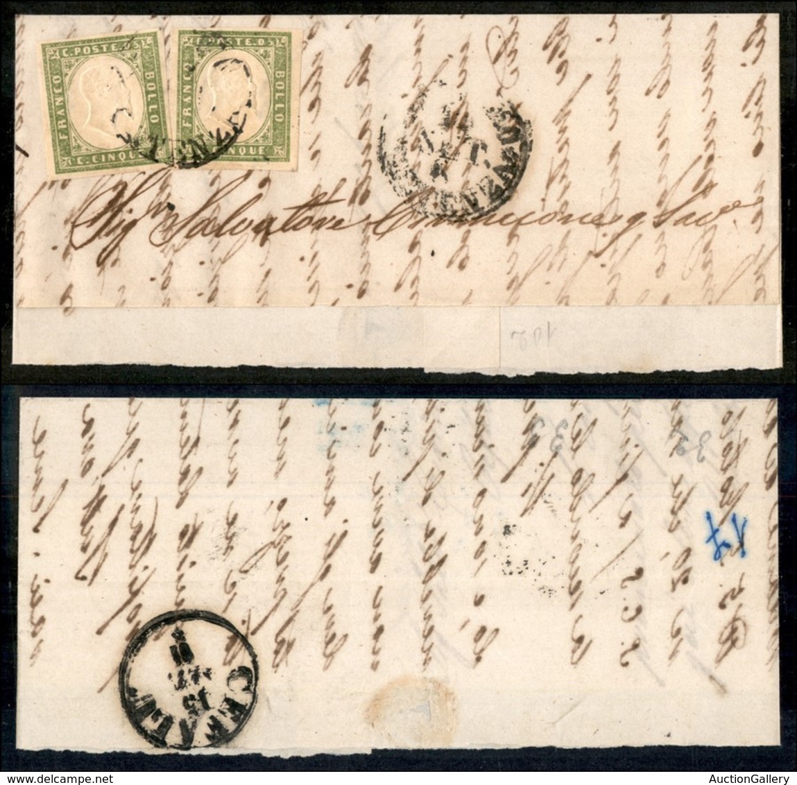 Antichi Stati Italiani - Sicilia - 1861 - Due 5 Cent (13Cc - Verde Oliva Giallastro - Sardegna) - Testatina Di Lettera D - Altri & Non Classificati