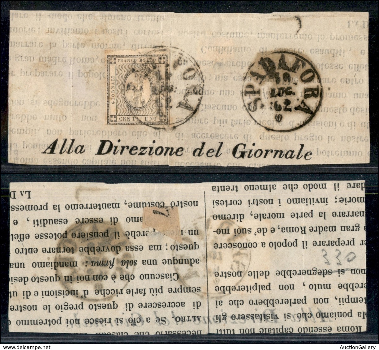 Antichi Stati Italiani - Sicilia - Spadafora 19.7.62 (P.ti 9) - 1 Cent (19 - Sardegna) Su Frammento - Corto In Basso - Altri & Non Classificati