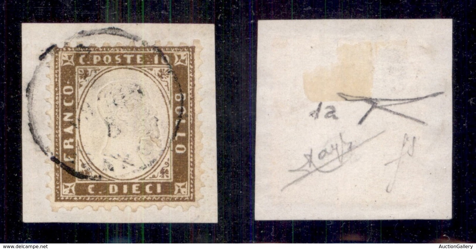 Regno - Posta Ordinaria  - 1862 - 10 Cent (1a - Bistro Oliva Scuro) Su Piccolo Frammento - Cert Diena + Raybaudi (2400) - Sonstige & Ohne Zuordnung