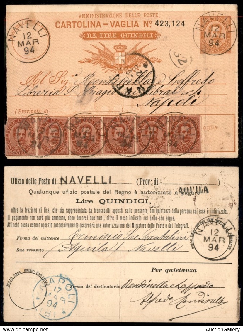 Regno - Posta Ordinaria  - Cartolina Vaglia Da 15 Lire (V 12) Da Navelli A Napoli Del 12.3.94 Con Sei 10 Cent Umberto (3 - Other & Unclassified