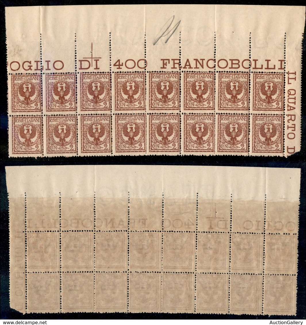 Regno - Posta Ordinaria  - 1901 – 2 Cent Floreale (69) – Blocco Angolare Di 16 Con Filigrana Obliqua (Franco Bol Sul Bor - Other & Unclassified